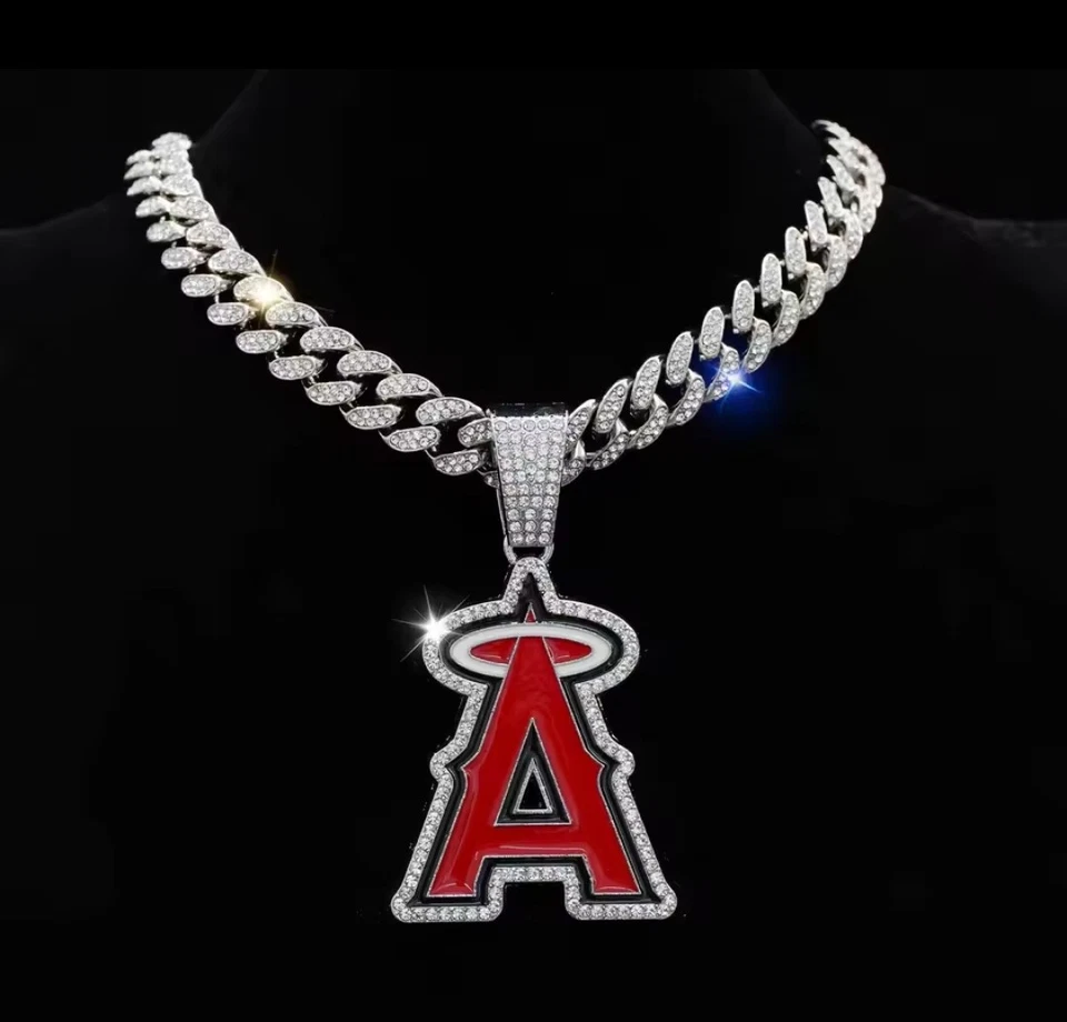 LOS ANGELES ANGELS GEM NECKLACE Silver Bling Baseball Hip Hop Pendant 24" Chain - Image 2 of 2
