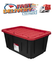 Hyper Tough 27 Gallon Snap Lid Plastic Storage Bin Container, Black with Red Lid