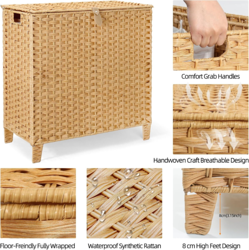 214 L Wicker Laundry Hamper with Lid 3 Section Extra Large Handwoven Basket - Picture 5 of 12