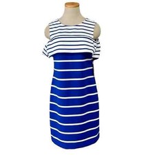 Vince Camuto Dress Women's 6 Blue White Striped Cold Shoulder Midi NWT