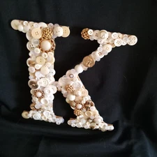 Wall Hanging Letter "K" decorated w/buttons.  "K" name/Country or Cottage Core