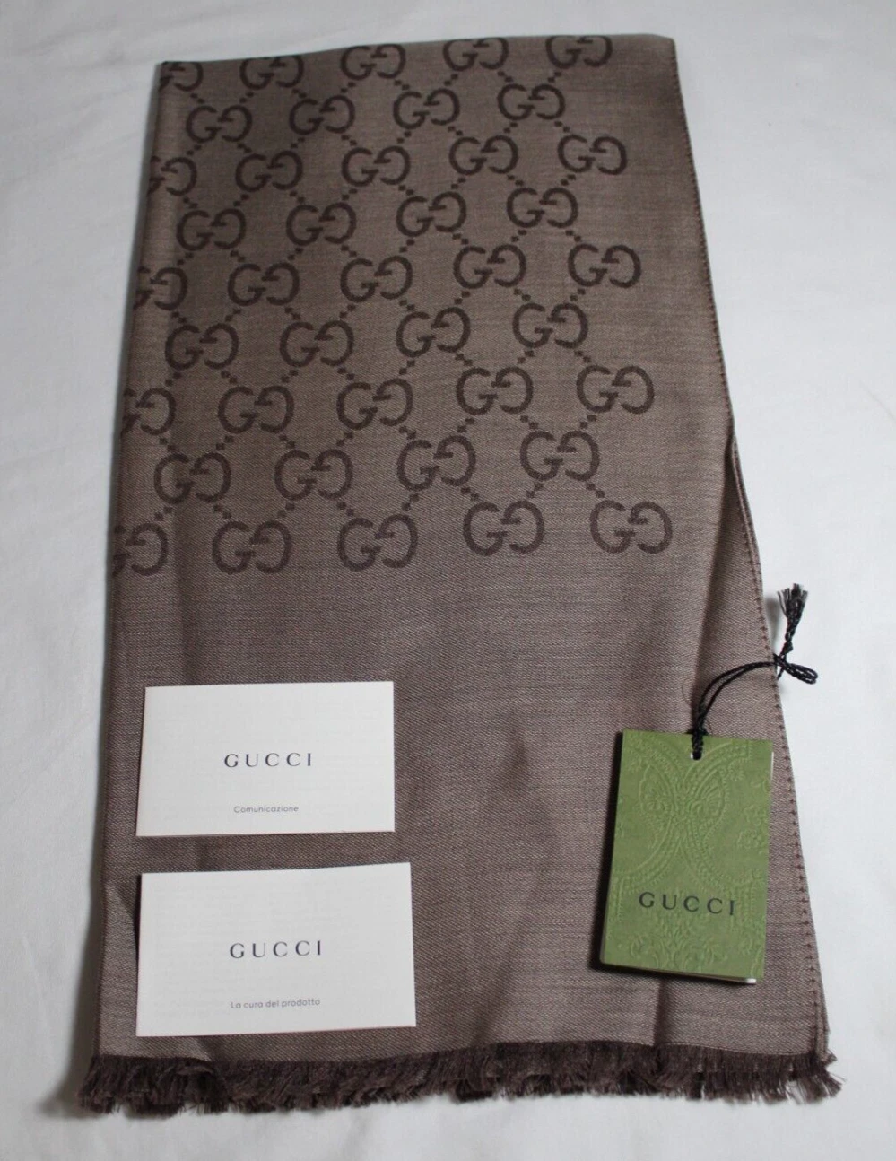 Echarpe unisexe laine soie jacquard GG marron jacquard GC neuve avec étiquette