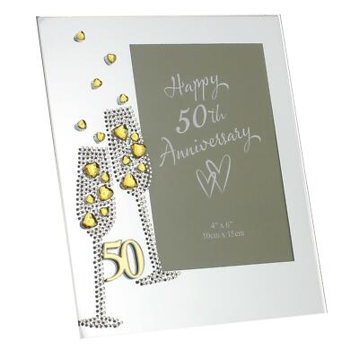Glass Photo Frame with Gem Champagne Flutes & Mirror Letters - 50th Anniversary
