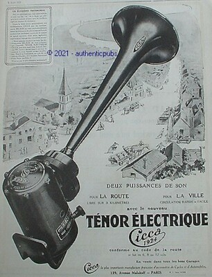ADVERTISEMENT CICCA TENOR ELECTRIC HORN CAR WARNING 1924 FRENCH AD PUB