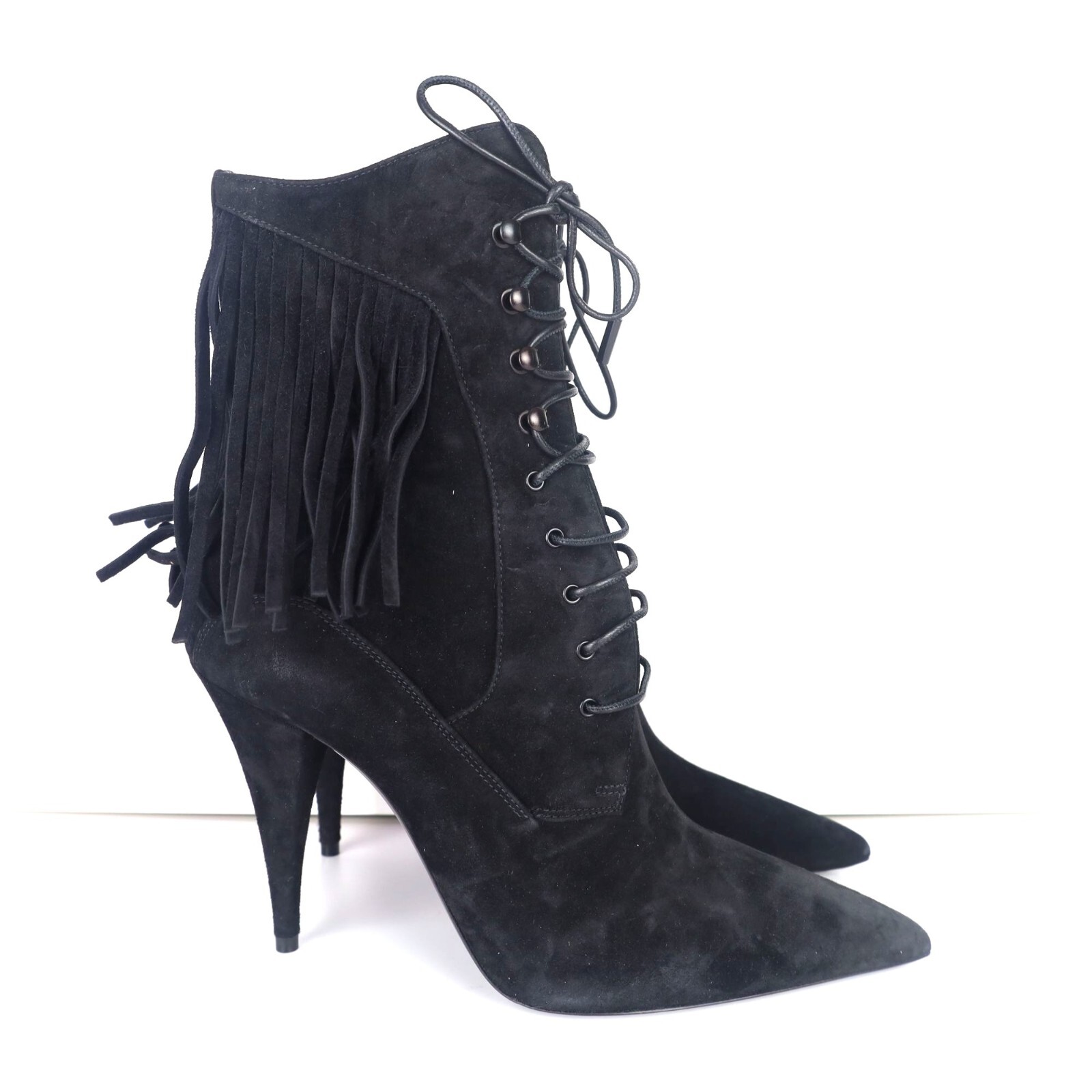 Stivali Saint Laurent Kiki 100 stringati con frange neri