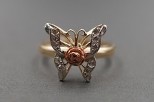 10K Solid Yellow Gold Multi Tone Butterfly With Rose CZ Ring. Size 7