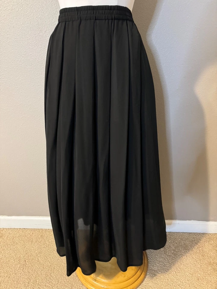Anne Klein Midi Maxi A Line Skirt Large Black SILK Flowy Classic Flat Pleats - Image 4 of 4