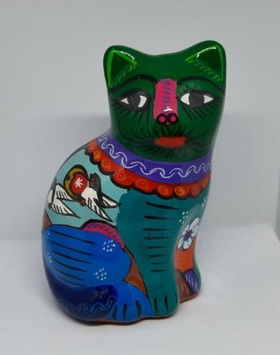 Vintage Kitty Cat Art Red Ware Pottery Hand painted Bird Mexico Folk Art Signed