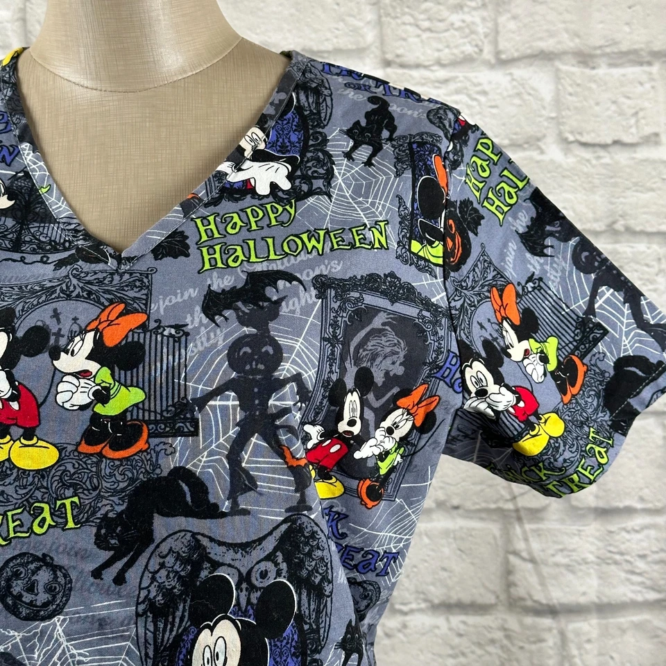 Disney Mickey & Minnie Mouse Haunted House Happy Halloween Scrub Top XS Pockets - Image 2 of 4