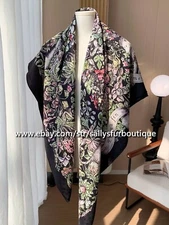 Sallys 18 Momme Jacquard Silk Wrap Scarf Stole Star Flower Print Shawl 53" Black
