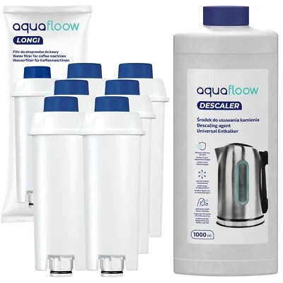 AQUAFLOOW 6x Cartuccia filtro acqua e Decalcificante 1L per macchine da caffè DeLonghi