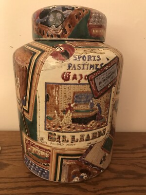 Vintage Unique Large China Trader Decorative Accent Billiard Pool Theme Vase Jar
