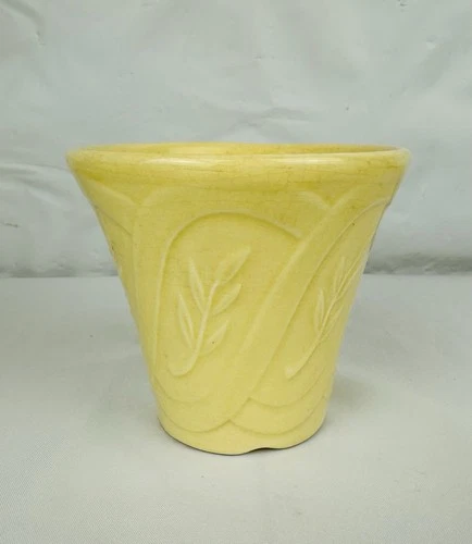 Vintage Yellow USA Pottery Small Planter Embossed with Leaves Art Deco 4” Pot