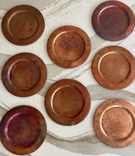 (8) Vintage Hand Hammered Rustic Solid Copper Chargers 12” Heavy Gauge 553g Each