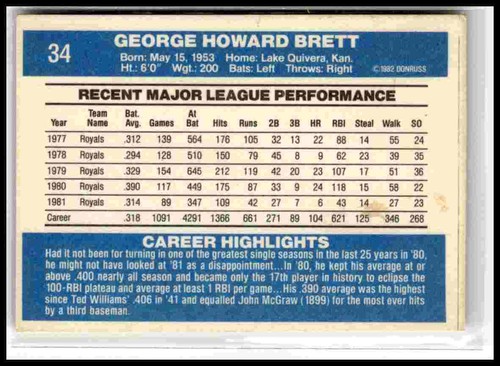 1982 Donruss #34 George Brett - Picture 2 of 2