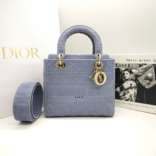Dior Lady Dior Med Lt Blue Embroidered Canvas Top Handle Shoulder Bag Duty Paid