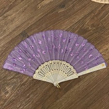 Vtg Folding Hand Fan Floral Purple Sequins Fabric Blades White Handle 16  W x 9  