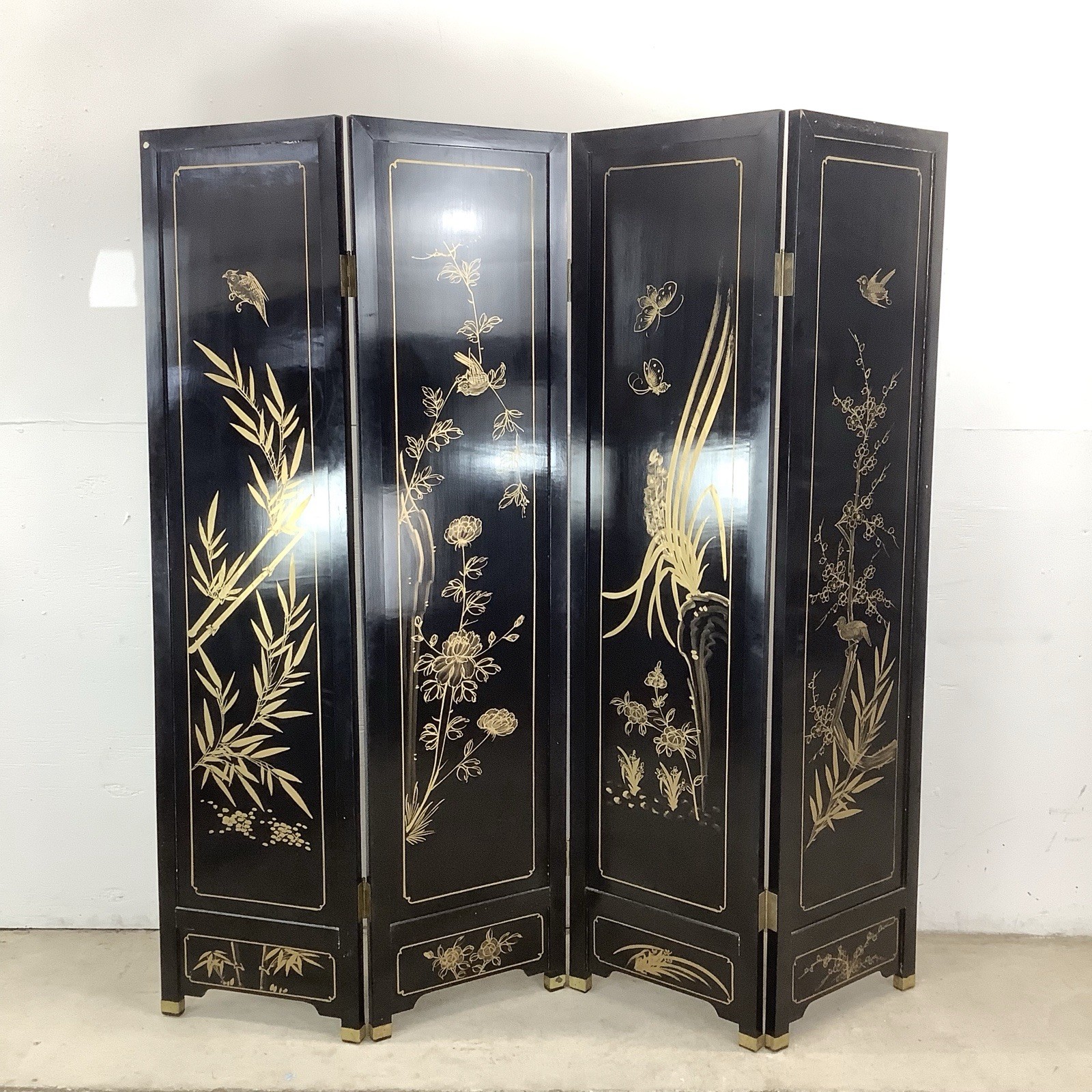 Vintage Black Lacquer Chinoiserie Folding Screen