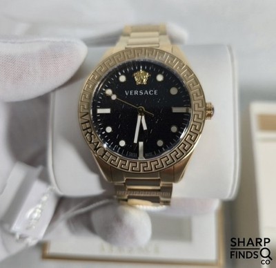 Versace Greca Dome VE2T00522 Mens Gold Black Watch New Box Papers Tags