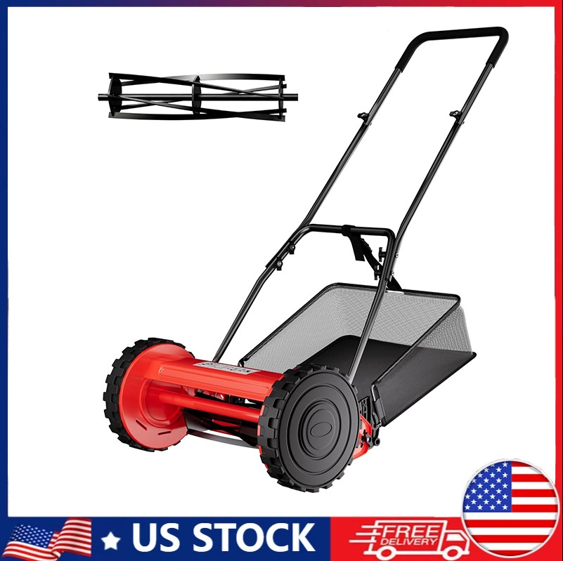 14' Manual Push Reel Lawn Mower 5-Blade Adjustable Height Grass Catcher 2 Wheels