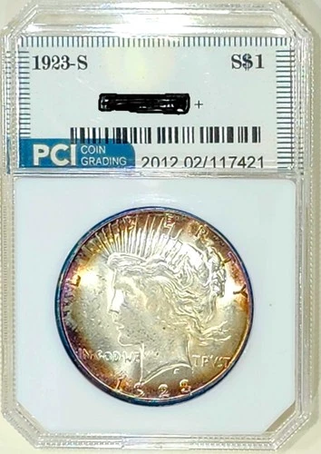 1923-S Rare Date  Peace Dollar Gem BU + Album Rainbow Toned Scarce