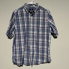 George Classic Fit Men  s Size Medium Blue Pink Short Sleeve Button Front Shirt