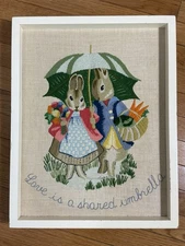 Vntg Crewel Embroidered Beatrix Potter Peter Rabbit “Love is a Shared Umbrella”