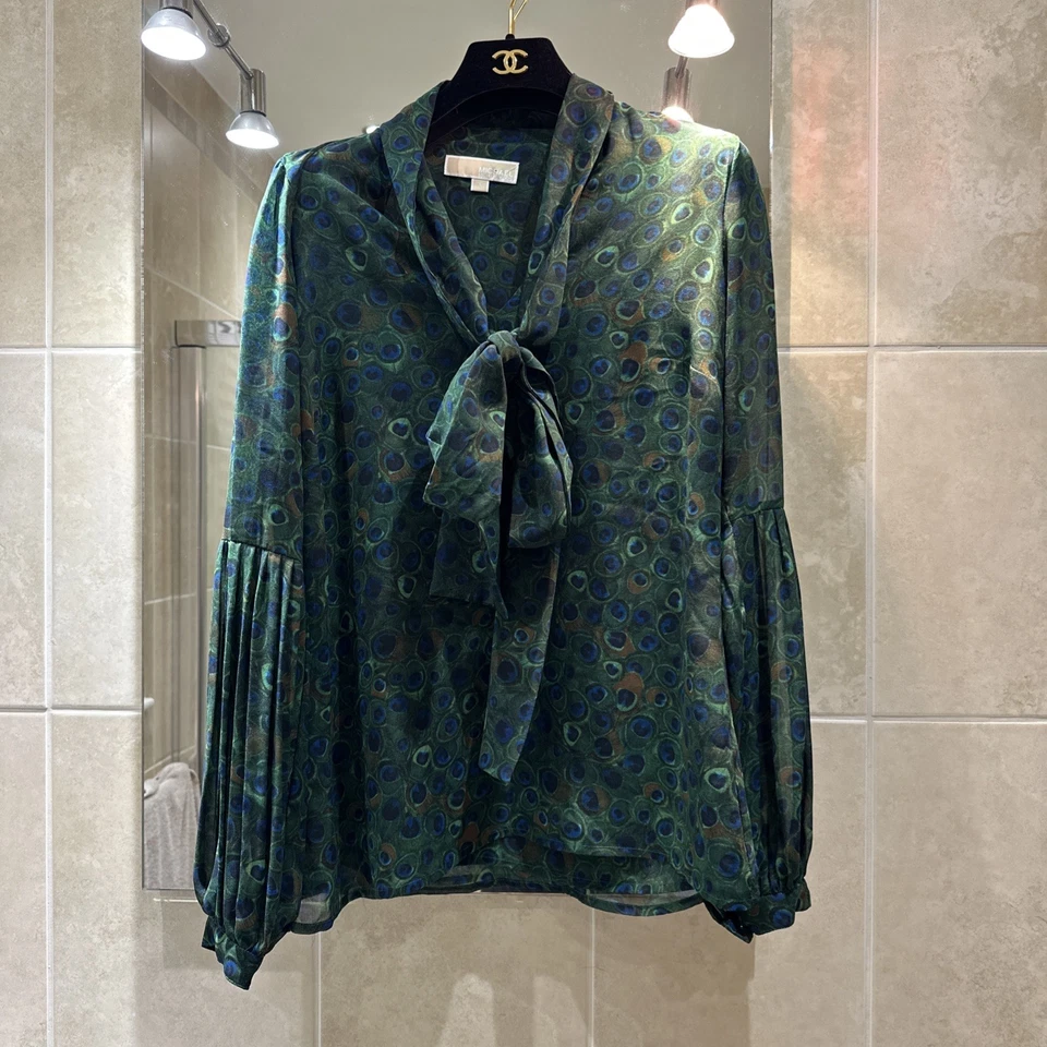 COLECCIÓN MICHAEL KORS Camisa Lazo Azul y Estampado Pluma Pavo Real Talla S Foto 4 de 4