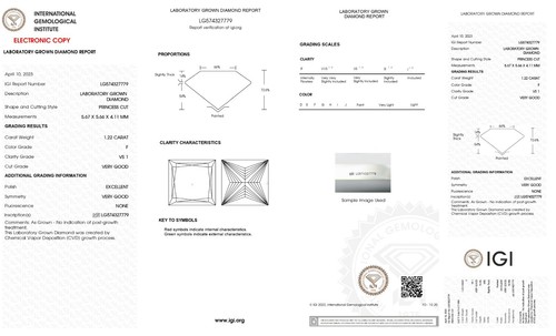 Lab Grown 1.22 Cts PRINCESS Cut IGI Certified CVD Diamond F Color VS1 Clarity - Picture 2 of 10