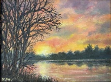 SUNRISE ON THE RIVER - original framed oil landscape painting on 6X8 inch canvas