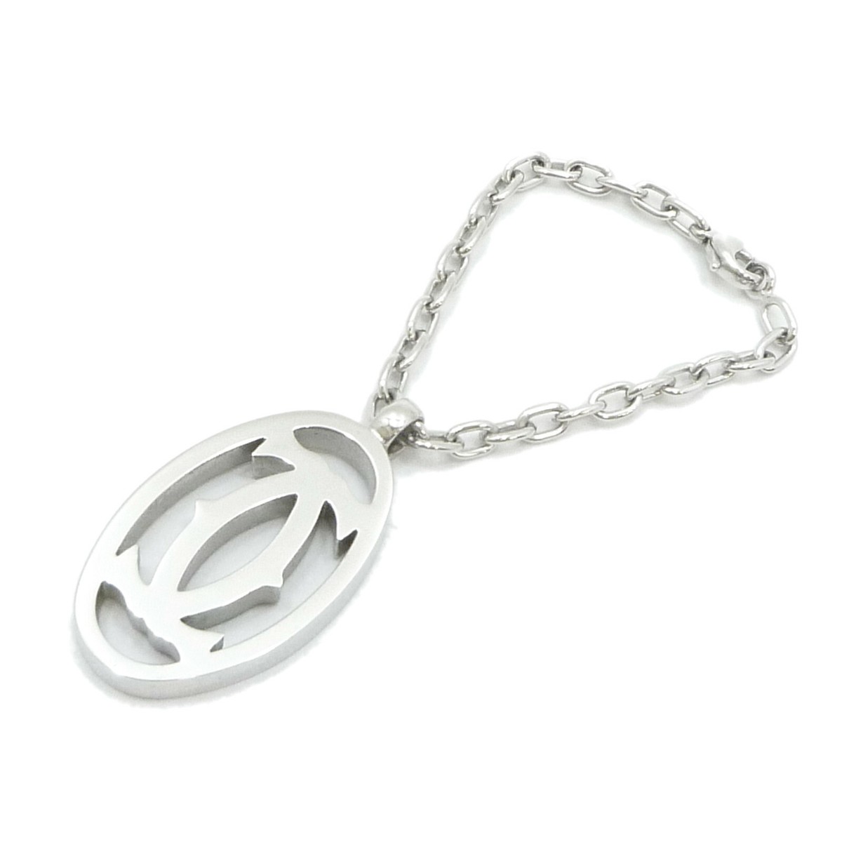 Auth Cartier Rhodium Finish Double C Key Ring Bag Charm T1220157