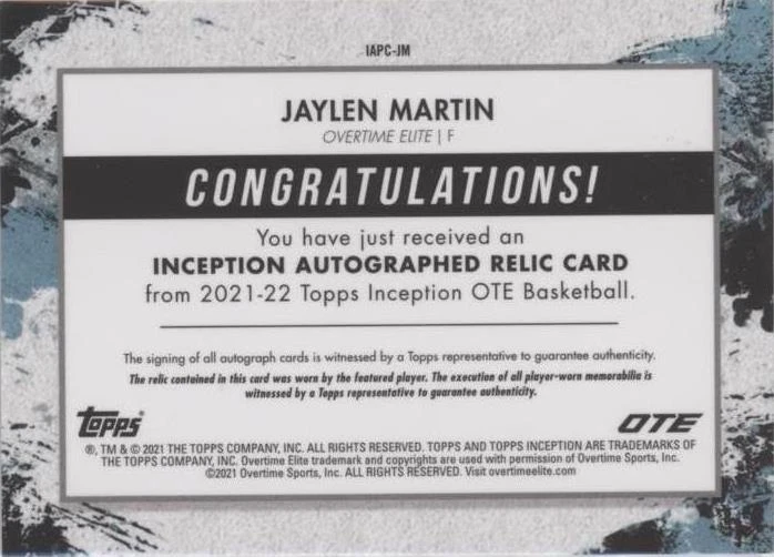 2021-22 Topps Inception OTE Overtime Elite - Jaylen Martin #IAPC-JM