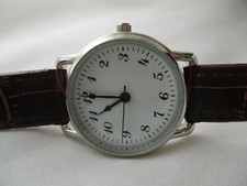 Watch Silver Toned Brown Buckle Band Round White Face Minimalist