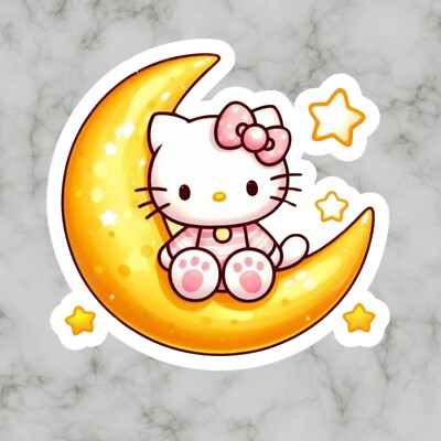 Kitty Cat, Cute Fun Yellow Stars, Moon, Adorable Glossy Vinyl sticker, Decal