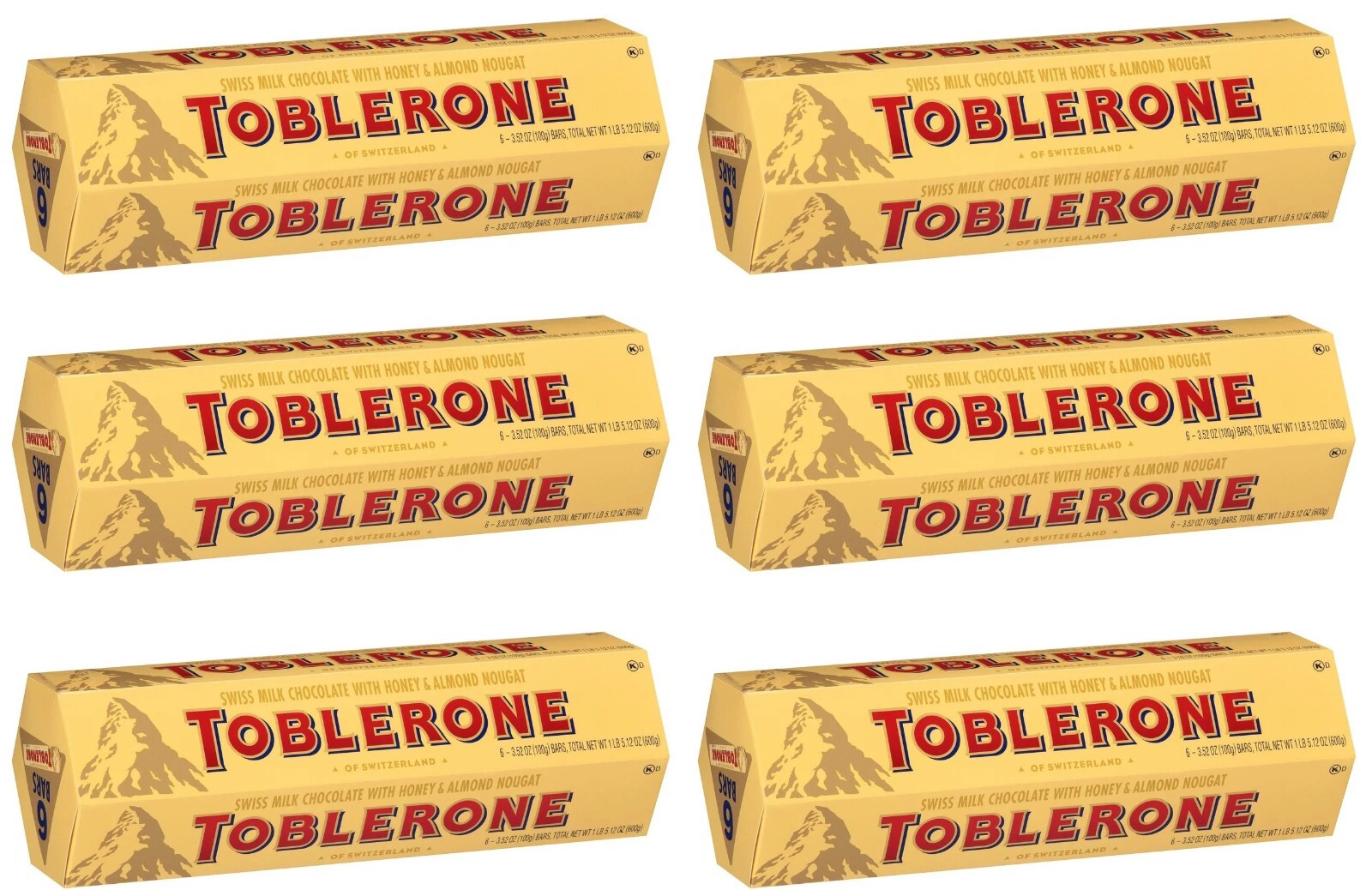 6 PACK - TOBLERONE SWISS MILK CHOCOLATE - HONEY AND ALMOND NOUGAT, 6 X 100G BARS