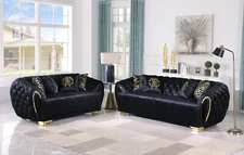 NEW 2PC Black Gold Velvet Sofa Loveseat Tufted Modern Luxury Living Room Set