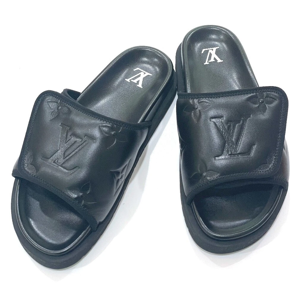 Louis Vuitton LV Logo Slides Black Leather Flat Sandals Shoes US 9