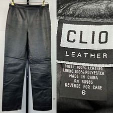 Vintage 90s CLIO Black Leather Pants Womans 6 Lined Side Zip Bikercore Moto Y2K