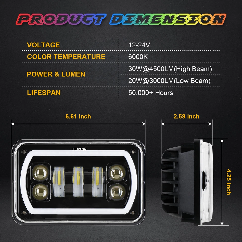 Par de faros LED RGB 4x6" DRL haz alto/bajo para Ford LTD Crown Victoria Mustang Foto 3 de 4