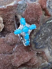 Kingman Turquoise Cross Austrian Crystal Ring size 7 3/4 Sterling Silver New E1
