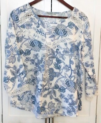 Elena Baldi White & Blue 100% Linen Floral Blouse Made In Italy Size S    EUC