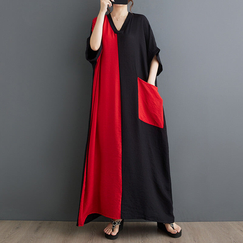 Womens Vneck Short Sleeve Dress Contrasting Color Spliced Black Maxi