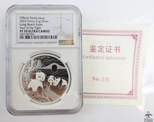 2022 China Long Beach Expo TIGER .999 Silver 1oz Panda Medal NGC PF70 Ultra Cam