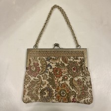 Vintage Floral Design Embroidered Evening Bag Metal Chain