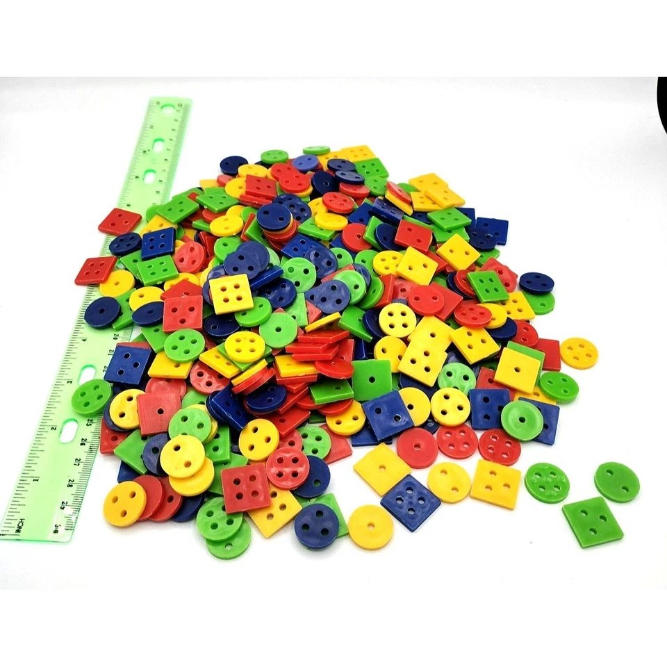 Button Lot Primary Color Vintage 1980s Plastic Squares Circles Crafts 11 Ounces+ - Image 2 of 4