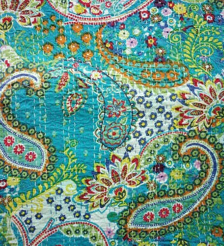 Turquoise Paisley All Size Indian Cotton Kantha Quilt Throw Blanket Bedspread - Picture 5 of 5