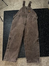 Carhartt Bib Overalls Mens 50x32 Brown Duck Quilted Double Knee Made USA R27CHT