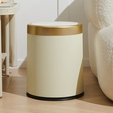 12L Beige Press-Top Round Bin Slim Bathroom Trash Can Plastic Dustbin