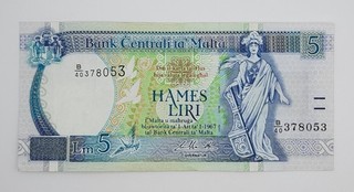 1994 Bank Centrali Ta' Malta 5 Maltese Lira Banknote P 46d No. B40 378053