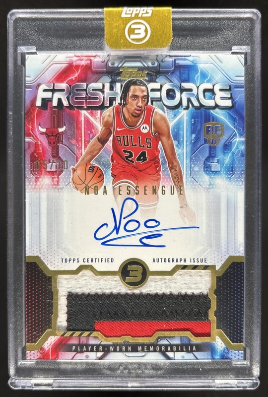 Noa Essengue 2025-26 Topps Three Fresh Force Patch Auto Gold Patch RC Bulls /10
